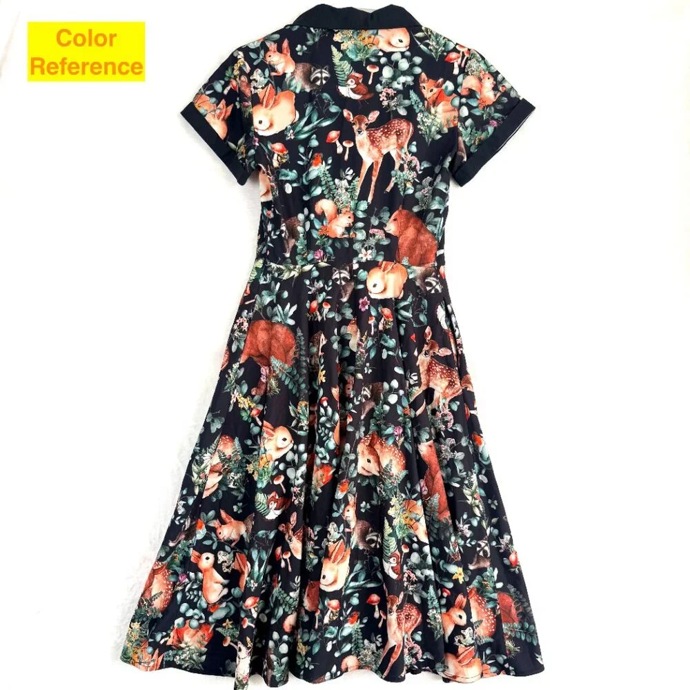UNIQUE VINTAGE Woodland Creature Forest Fairy Swing Retro Collared Dress S - Picture 3 of 4